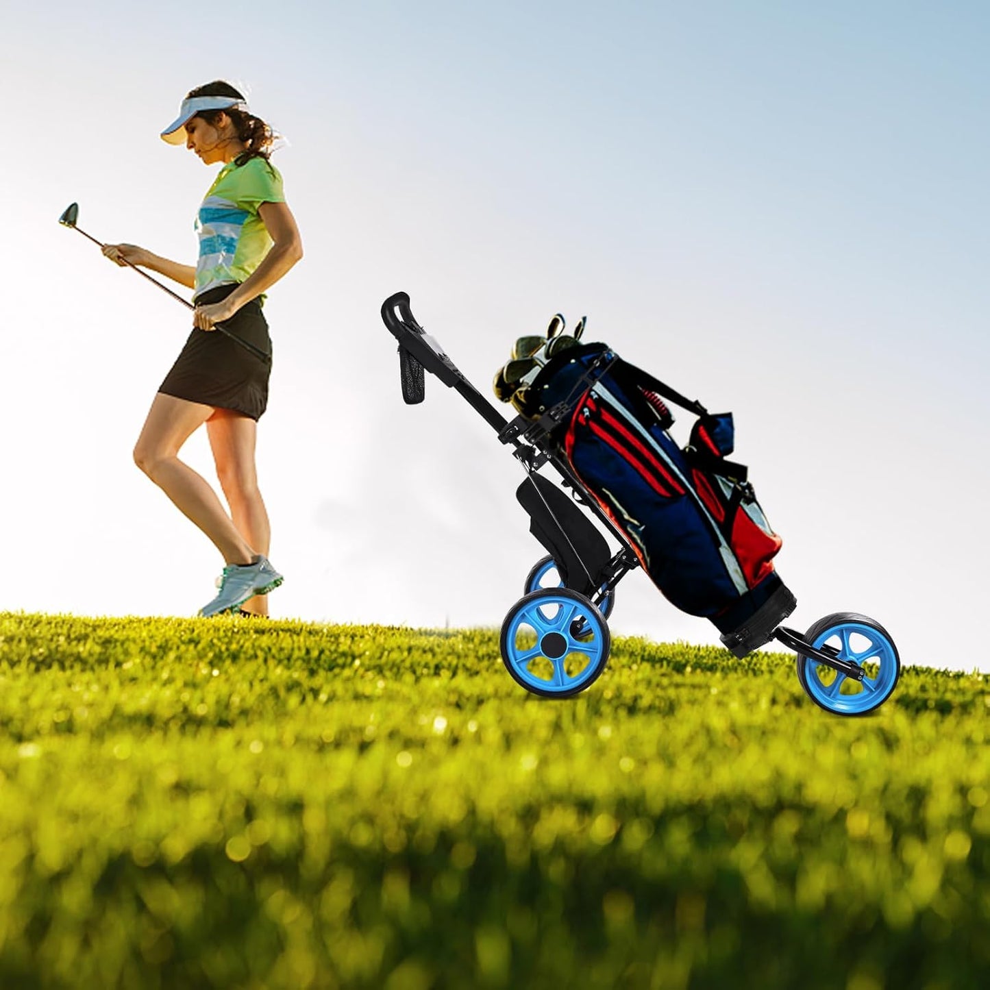 Golf Cart, Foldable Golf Push Cart, Golf Bag Cart, Fits Golf Stand Bag and Golf Cart Bags, Golf Caddy Cart with Optional Large Wing or Small Wing, Includes Ice Bag