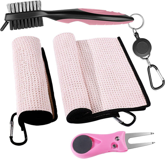 Golf Microfiber Towels Gifts Kit,Golf Cleaning Accessories Waffle Golf Towels,Golf Brush,Golf Divot Tool,Suitable for Golf Lovers,Gift for Men Women and Children (Pink)